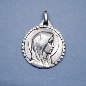 Vintage French Catholic Medal Lourdes Silver Tone Bright Cut Edge 7/8" Pendant
